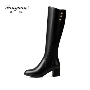 

Fanyuan Women Black Knee High Boots Genuine Leather Long Boots Autumn Winter Ladies Fashion Warm Chunky Heel Work Snow Boots