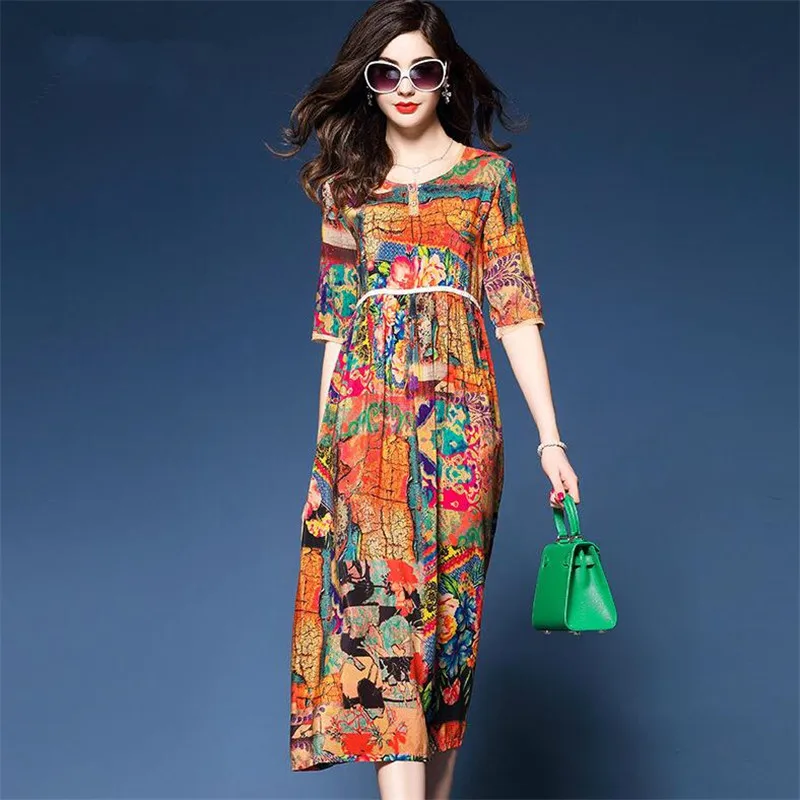 Chinese Style Casual Loose Floral Empire Waist Dress Women Summer ...