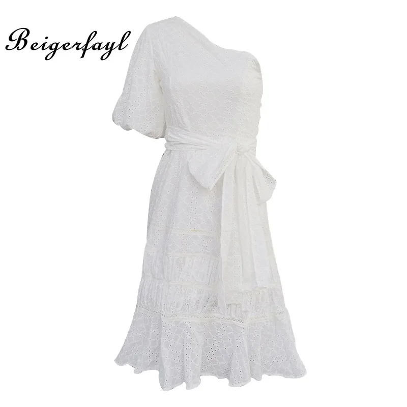 Beigerfayl лето рукав-фонарик с оборками подол одно плечо платье для женщин полиэстер сплошной Белый Желтый Вечерние платья TDR19478