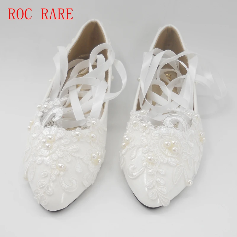 High Quality White/Red Lace Pearls Women Wedding Shoes With Ribbons Lace Up Ladies Party/Dress