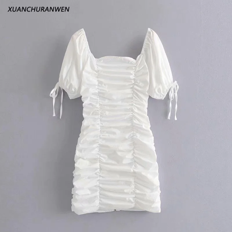 

Summer Pleated Bodycon Puff Sleeve Dress Women Square Collar Lace Up Vintage Above Knee Mini Dress DJ6809