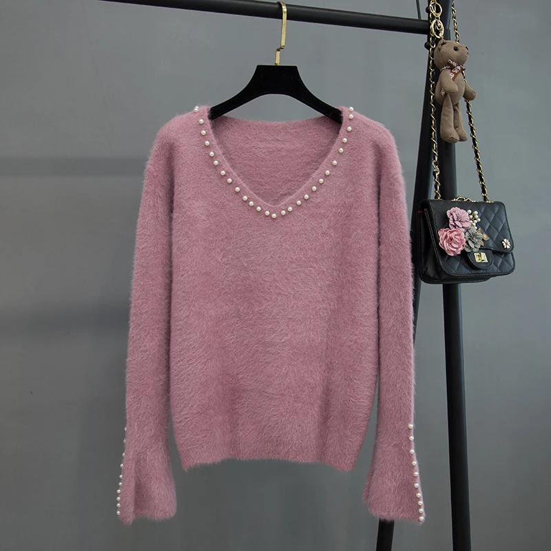 

Artificial Mink Cashmere Pearl V-Neck Sweater Women 2019 Spring Autumn Pullover Jumper Pull Femme Hiver Streetwear Sweaters