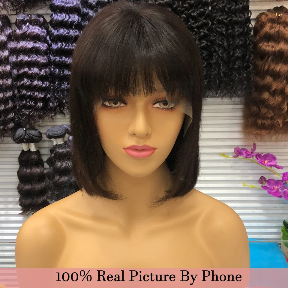 13X6 короткие прямые синтетические волосы парики с челкой Brazlilian Человеческие волосы Remy 13X4 предварительно вырезанные боб фронта шнурка человеческих волос парики для детей от 8 до 16 дюймов для женщин