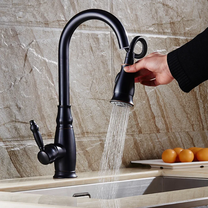 

All Copper Pull-out Kitchen Faucet, European Dish Washing Basin, Stretching Basin, Black Water Trough Faucet