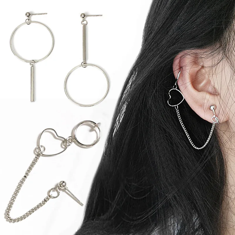 

Dissymmetry Punk Valentines Gift Hip Hop Long Chain No hole in the ear clip Heart Circle Silvery Drop Earrings 1PC/1Pair