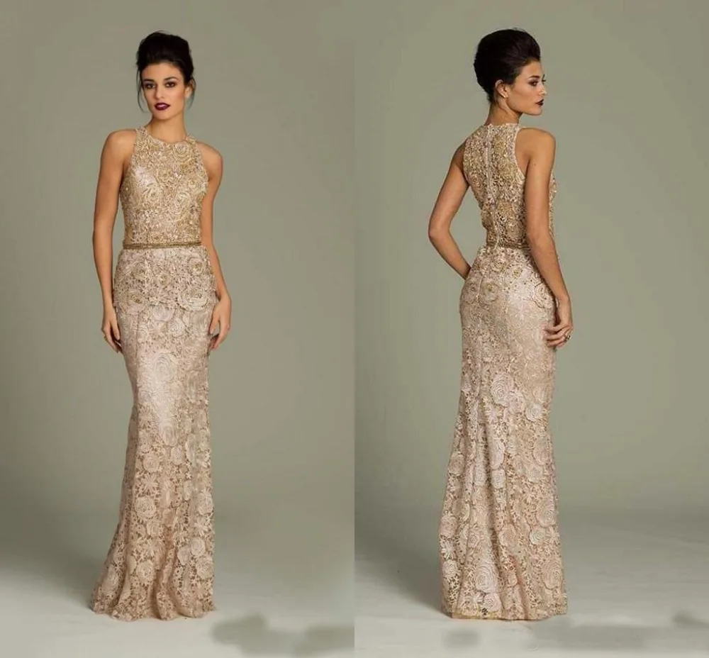 Champagne Sheath Lace Mother Of The Bride Dresses Jewel Neck Beads Sash Mother Long Formal Party Evening Dress Modern
