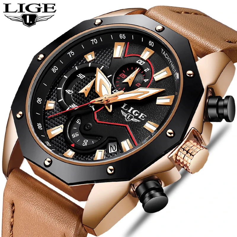 

LIGE Mens Watches Top Brand Luxury Men Gold Watch Sport Watch Men Military Leather Waterproof Quartz Watch Relogio Masculino+Box