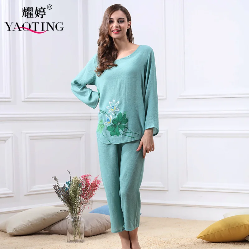 Plus size loose women pajama set o neck floral thin full sleeve ankle