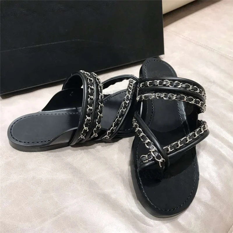 

Sandalias Mujer Soft Leather Black 2019 New Metallic Chains Slides Women Thong Slippers Flats Casual Shoes Beach Sandals Woman