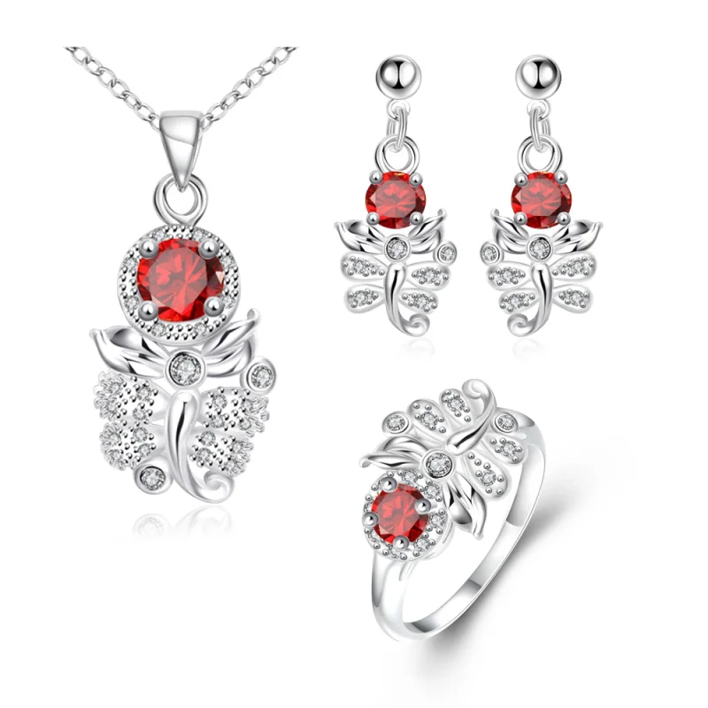 

Adorable jewelry 925 Silver White crystal hot pink Cubic Zirconia Pendant Earrings ring Party Jewelry Sets for women S2004