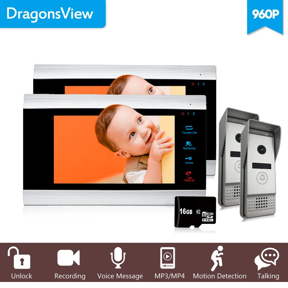 

Dragonsview 7 Inch 960P Video Doorbell Phone Intercom System Kit Wide Angle 2 Monitors and 2 Metal Outdoor Doorbells Intercom
