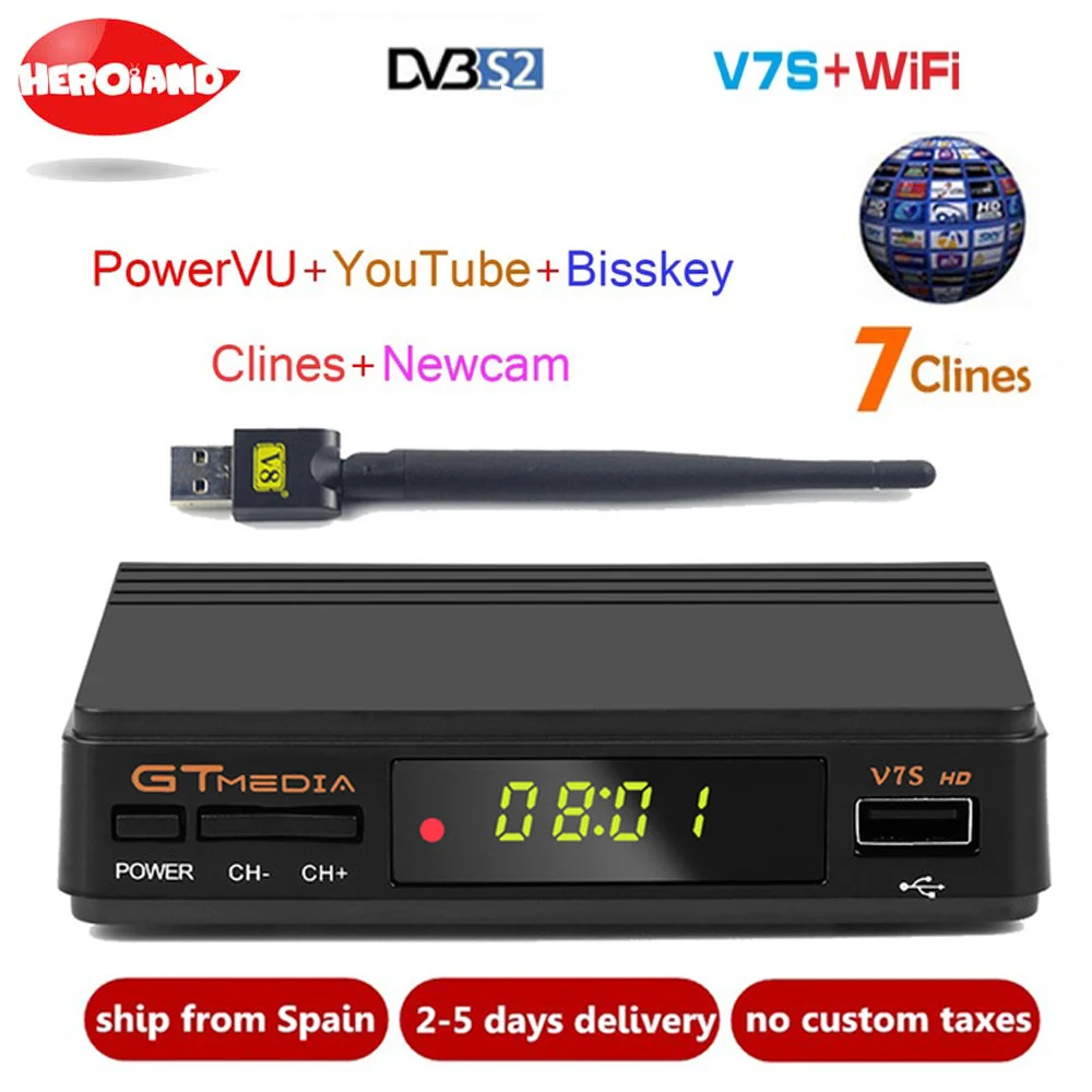 New GTmedia v7 Upgrade Digital Satellite TV receiver Full 1080P DVB-S2 V7S HD+USB WIFI with 1 Year Europe clines Decoder TV Box