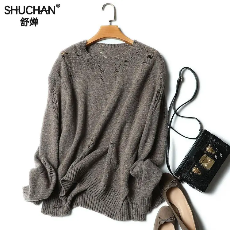 

SHUCHAN Sweater Women Pullover Female Office Lady O-neck Hollow Out Cashmere Sueters Mujer Invierno Manga Larga White 17574