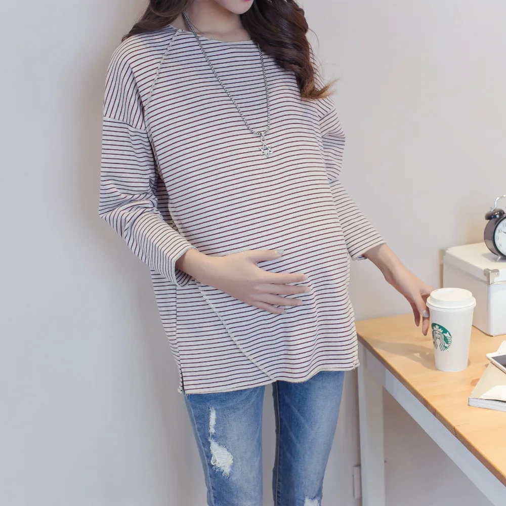 Высококачественные хлопковые топы для беременных, полосатая Базовая Футболка для беременных, одежда с длинными рукавами для беременных женщин
