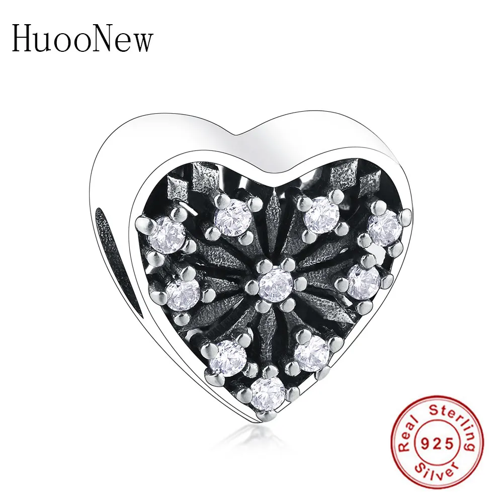 

HuooNew Fit Original Pandora Charm Bracelet 925 Sterling Silver Snowflake Flower Zircon Stone Heart Bead Pendant Making Berloque
