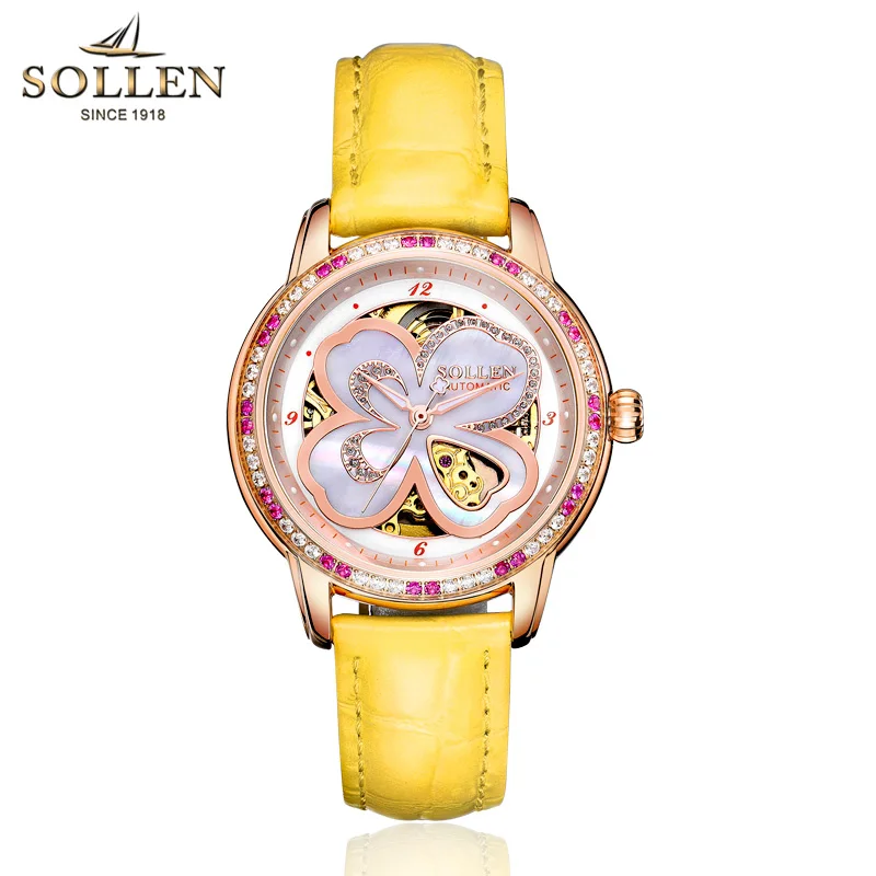 

SOLLEN Automatic Watch Women Luxury Leather Waterproof Mechanical Watches Skeleton Diamond Lady Elegant Wristwatch Reloj Mujer