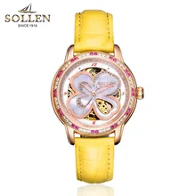 SOLLEN Automatic Watch Women Luxury Leather Waterproof Mechanical Watches Skeleton Diamond Lady Elegant Wristwatch Reloj Mujer