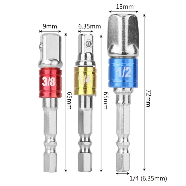 DIYWORK 3Pcs/set 1/4″ 3/8″ 1/2″ Converter Drill Bits Bar Socket Adapter Steel Hex Bit Set Hex Shank Set Extension