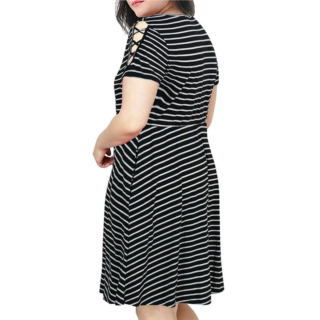 Страуса женское летнее платье sommerkleid размера плюс o-образным вырезом с коротким рукавом в полоску с открытыми плечами модное мини-платье для женщин