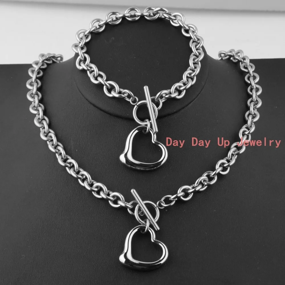 

Wholesale/Retail!Charming 316L Stainless Steel Silver Heart Polished Rolo Chain Women's Necklace 18"&Bracelet 8" Jewelry Sets