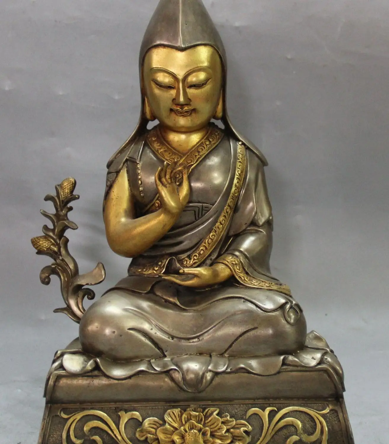 

11"Marked Chinese Purple Bronze 24K Gold Pure Silver Je Tsongkhapa Buddha Statue