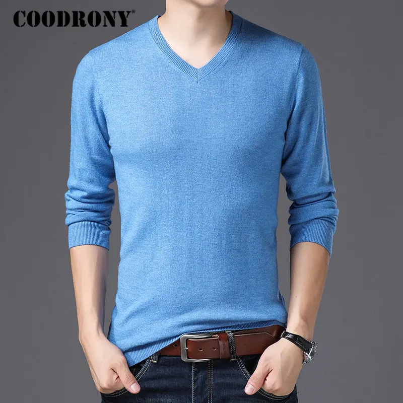 Бренд COODRONY, мужской свитер с v-образным вырезом, для осени и зимы, чистая мериносовая шерсть, свитера, мягкий теплый кашемировый пуловер для мужчин 93002 - Цвет: Небесно-голубой