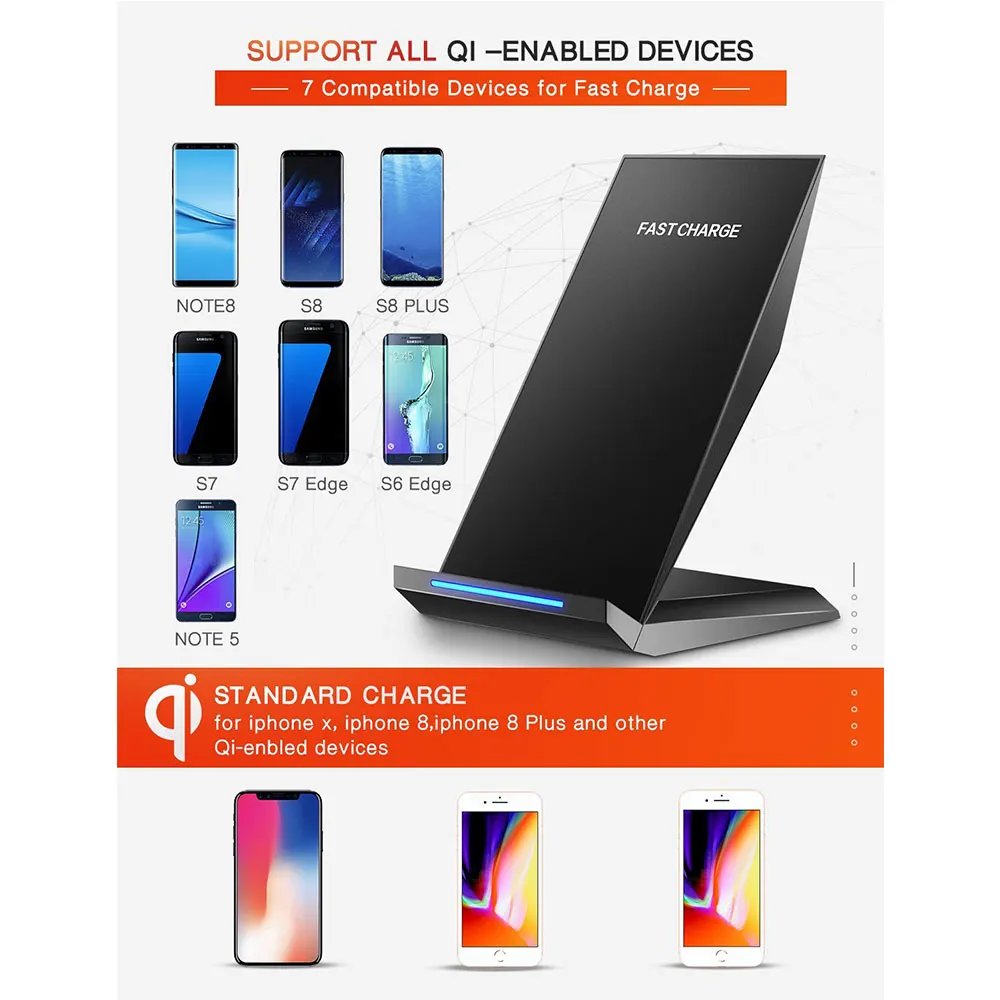 Ascromy For iPhone X Wireless Charger Qi Fast Charging Stand for Samsung Galaxy S9 Plus S8 Note 8 iPhone 8 Plus induction Charge (2)