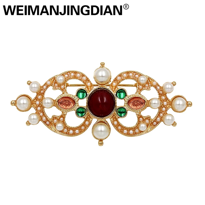 

WEIMANJINGDIAN Brand Multi Color Simulated Pearl and Crystal Bow Brooches in Gold Color Plated