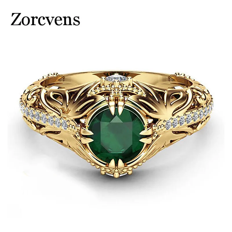 

ZORCVENS New Green Stone Rings for Women Gold Color Hollow Out Vintage Rings Fashion Jewelry Dropshipping