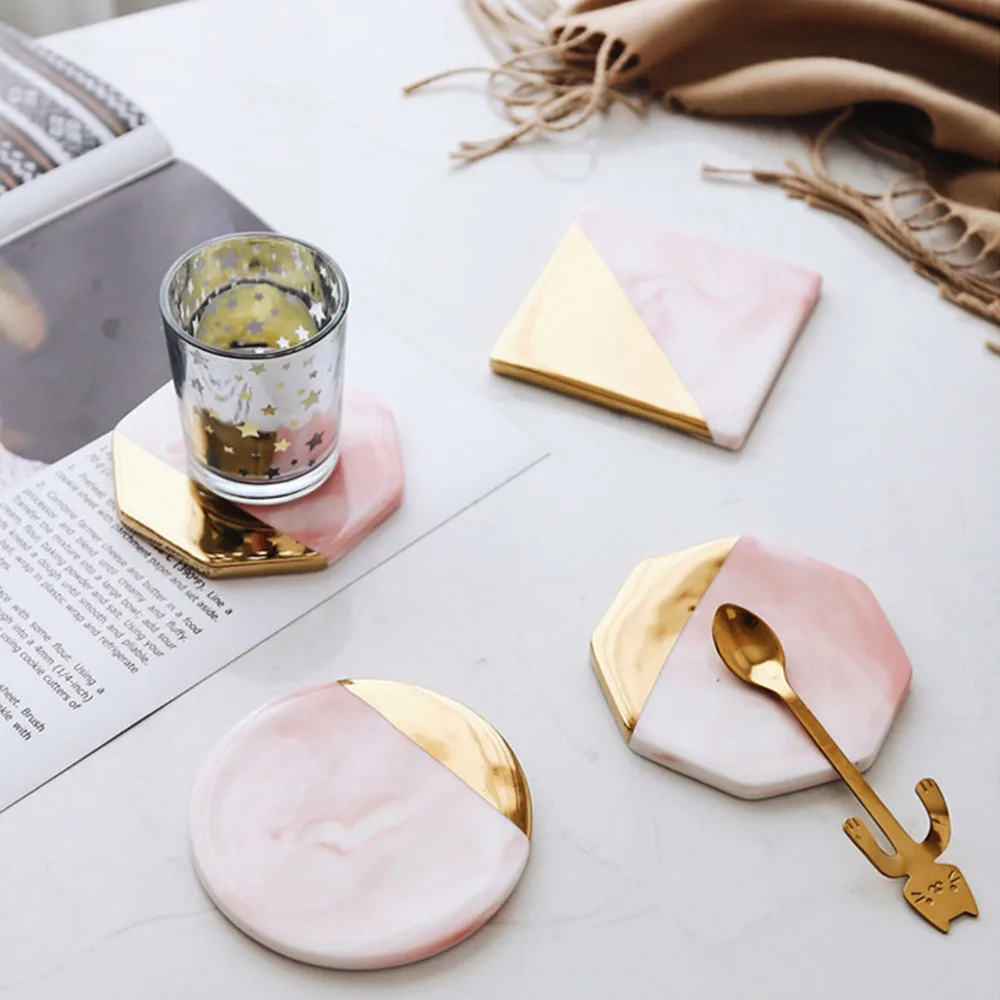 

Pink Marble Grain Ceramic Coaster Nordic Handmade Gold-plated Insulation Coaster Table Heatproof Cup Mat Bottle Pad