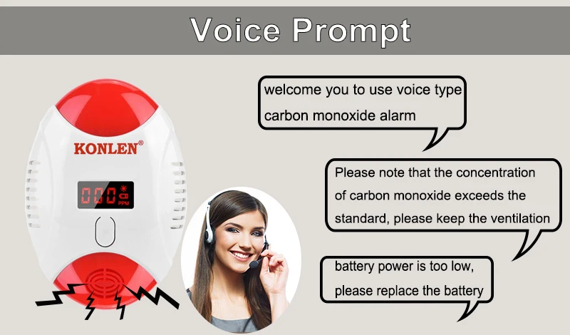 KONLEN светодиодный голосовой подсказки детектор газа угарного газа CO ядовитая Сигнализация цифровой датчик звуковая вспышка Предупреждение для домашней безопасности