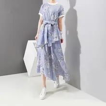 2019 New Women Blue Striped Floral Print Dress Short Sleeve With Belt Casual Dress Girls Cute Ruffles Summer Dress flamingo print striped box pleated dress with belt