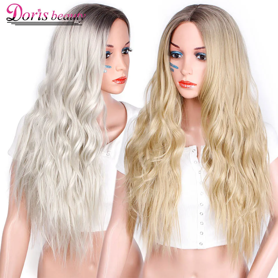 Doris beauty Ombre длинные волнистые платиновый блонд парик синтетические парики для женщин Косплей блонд цвет Glueless волосы