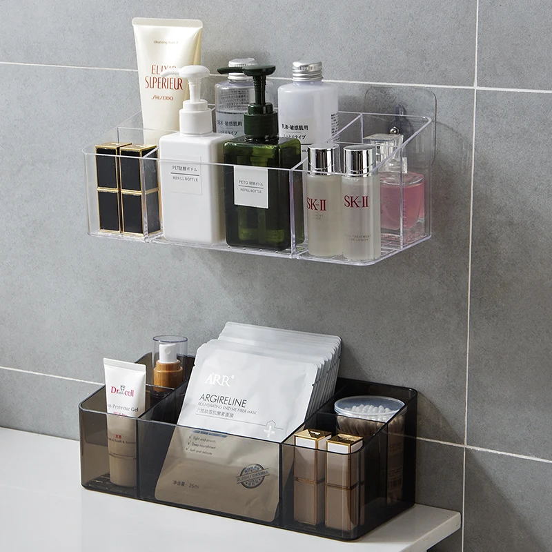 

High Plastic Makeup Holder Case Storage Box Wall Mount Bathroom Storage Cosmetic Multi Grids Large capacity With Free Stickers
