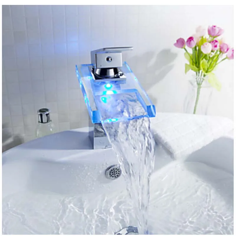 Luxury Free Shipping LED Color Changing Basin Faucet Bathroom Deck Mount Waterfall Glass Mixer Taps Chrome Tap | Обустройство дома