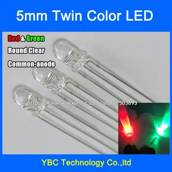 

500pcs/lot 5mm Red Green LED Common Anode 3Pin F5 Round Water Clear Diodes