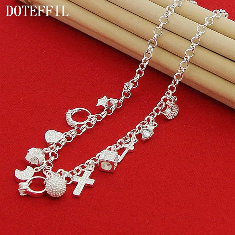 DOTEFFIL 925 Sterling Silver Cross Heart Moon Ball Multiple Pendants Chain Necklace For Woman Wedding Fashion Jewelry Charm - Image 5