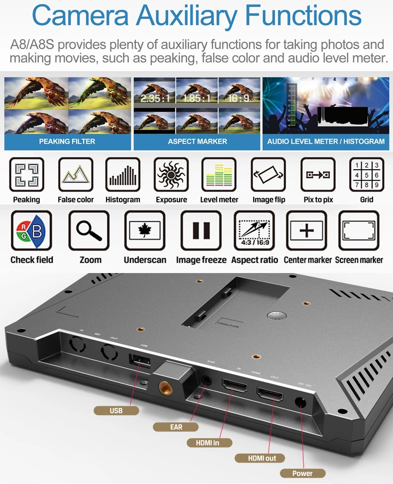 Lilliput A8 8.9 Inch Utra Slim IPS Full HD 1920x1200 4K HDMI 3D-LUT On-camera Video Field Monitor for DSLR Camera Video