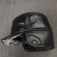 SILOQIN Men's Winter Hats Genuine Leather Plus Velvet Thick Fur Warm Sheepskin Military Hat With Ears Windproof Dad's Flat Caps