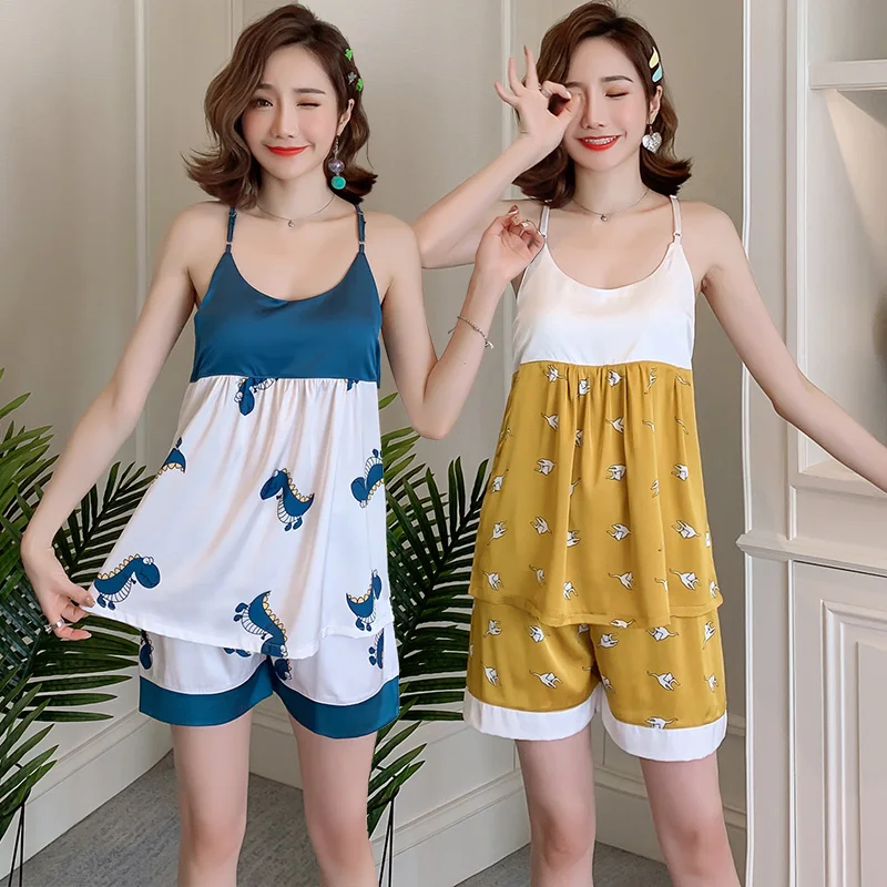 Summer Sexy Lingerie Spaghetti Strap Silk Satin Pajama Sets for Women Shorts Sleepwear Pyjama Homewear Pijama Mujer Clothes