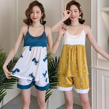 

2019 Summer Sexy Lingerie Spaghetti Strap Silk Satin Pajama Sets for Women Shorts Sleepwear Pyjama Homewear Pijama Mujer Clothes