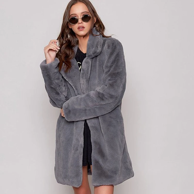 Шикарные зимние женские длинные пальто из искусственного меха, куртки, уютная верхняя одежда из кроличьего меха, женские пушистые плотные теплые повседневные женские пальто