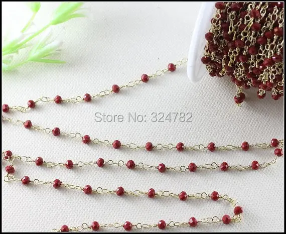 

5Meter Wire Wrapped Beaded Chain Gold Plated Rosary chain Red faceted Crystal beads size 3x4mm for Necklace bracelet jewelry