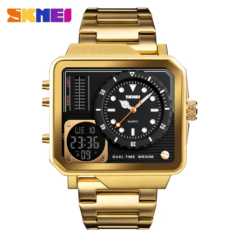 

Skmei 1392 Luxury Watch Military Big Square Dial Full Stainless Steel Waterproof Sport Dual Display Digital Quartz Men Watches