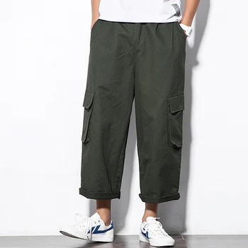 

Stereo Pocket Spring Water Wash Cotton Overalls Ankle-length Cargo Pants Male Straight Loose Army Green Black Casual Trousers