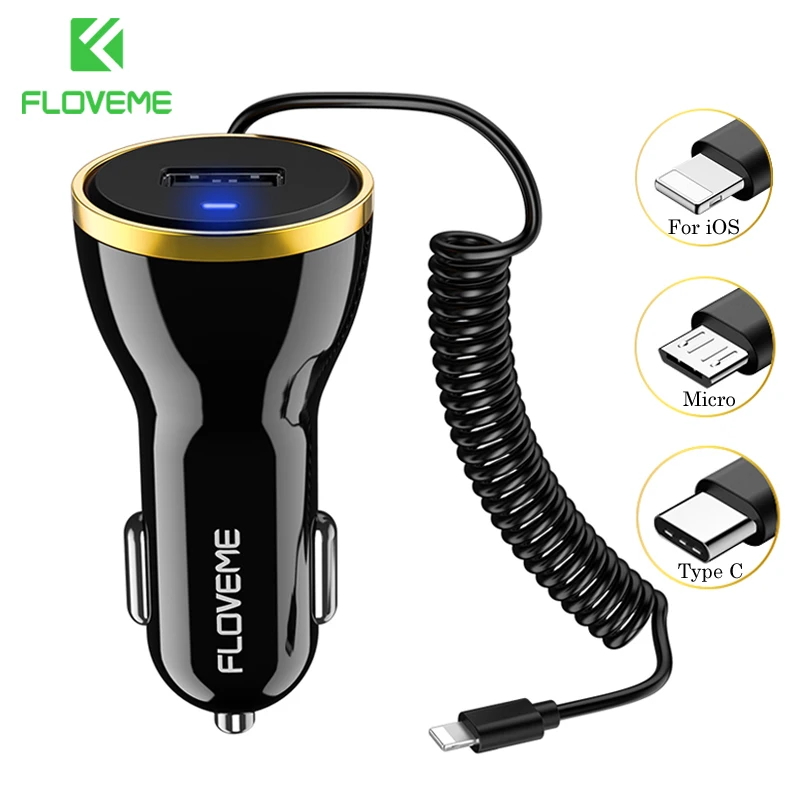 

FLOVEME USB Car Charger For iPhone X 8 7 Plus Universal 2.1A Car Charger With Micro Type C Cable For Samsung S8 S9 Phone Adapter