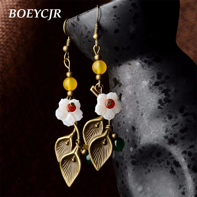 

BOEYCJR Copper Leaf Stone Bead Drop Earrings Handmade Fashion Jewelry Hook Earrings Shell Flower Earrings for Women Gift 2019