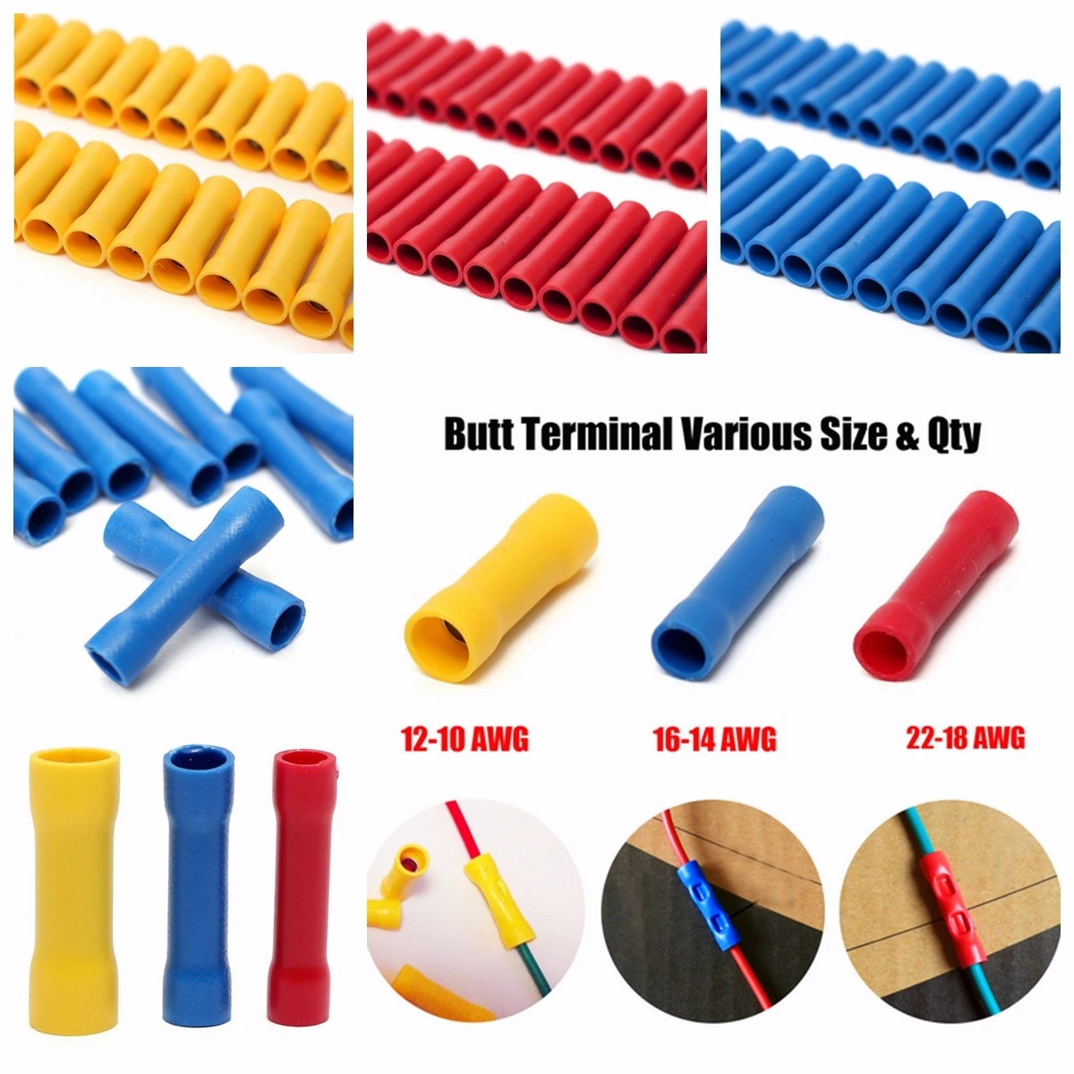 

50/100pcs BV2/BV1.25/BV5.5 Assorted Insulated Straight Butt Connectors Electrical Crimp Wire Cable Terminals Set Red Blue Yellow