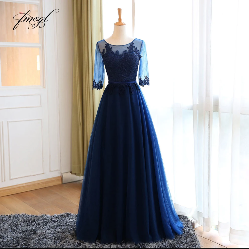 

Fmogl Elegant Three Quarter Long Evening Dresses 2019 Scoop Neck Appliques Formal Dress For Party Robe De Soiree Plus Size