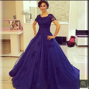 

Vestido De Festa 2016 Blue Long prom Dress Short Sleeve Lace up Ball Gown prom Dresses Appliques vestidos longos